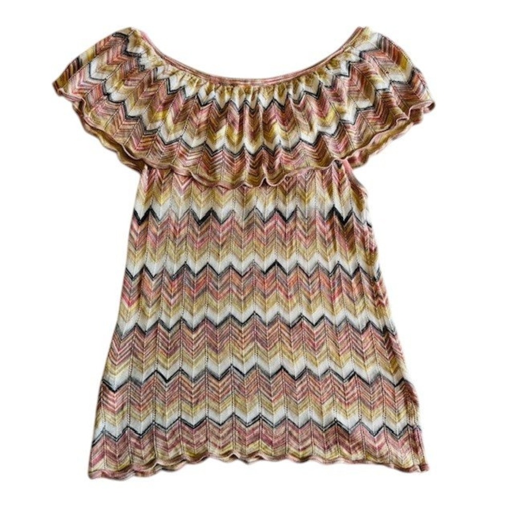 White House Black Market‎ Knit Top Chevron Ruffle Sleeveless Multicolor Size M